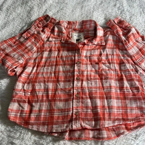 American Eagle Women's M Orange White Plaid Cropped Flannel Button Down Shirt - Picture 1 of 11